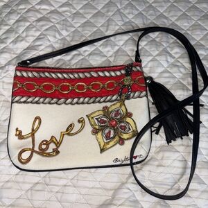 Brighton Love Print Crossbody Bag Canvas Purse Hearts‎ Chain Red White